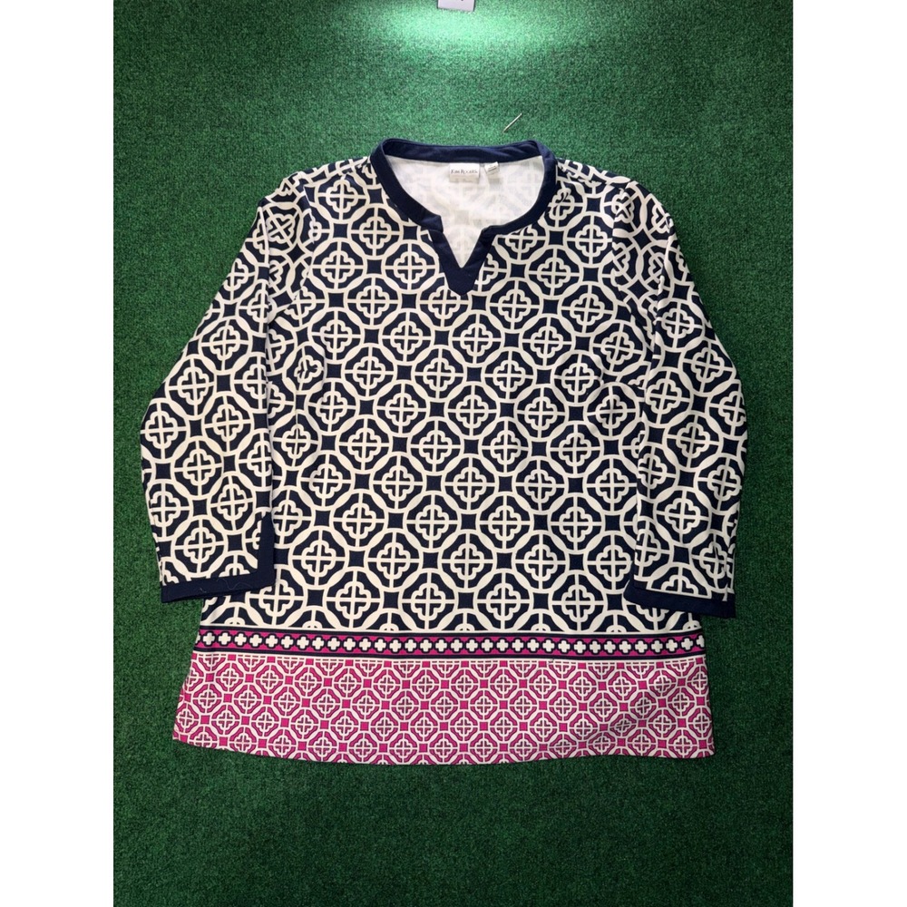 Kim Rogers Womens XL Navy Blue Pink Geometric Lattice Print 3/4 Sleeve Tunic Top